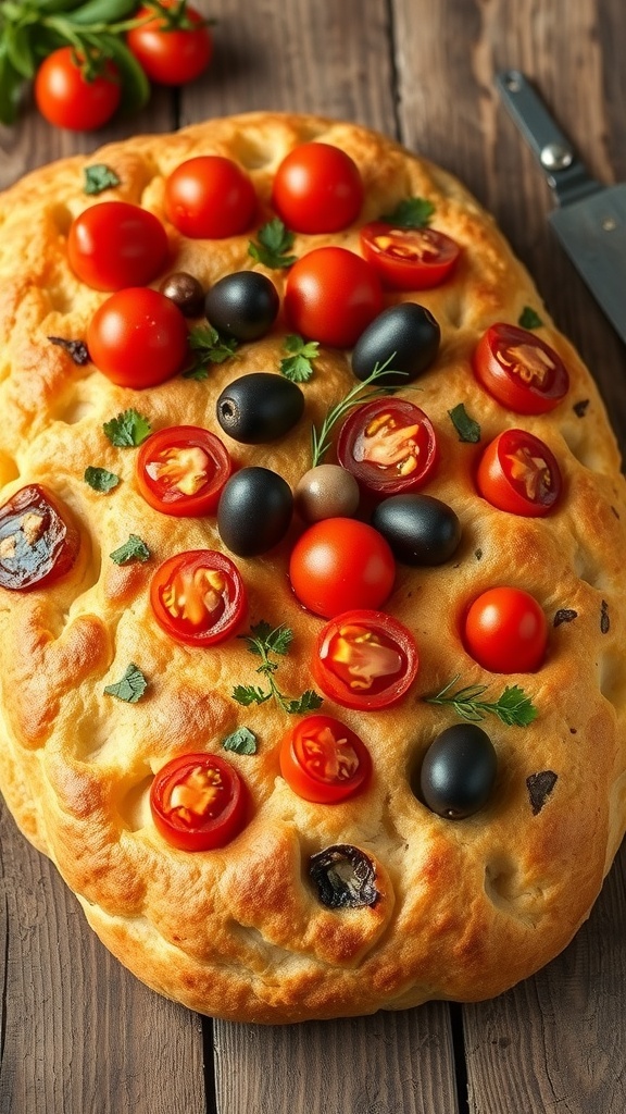 A golden focaccia bread topped with cherry tomatoes, olives, and herbs on a wooden table.